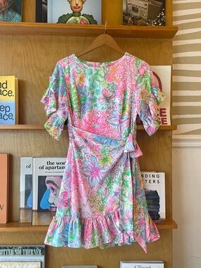Lilly Pulitzer Floral Ruffle Faux Wrap Mini Dress - Pink, Green & Blue size 4